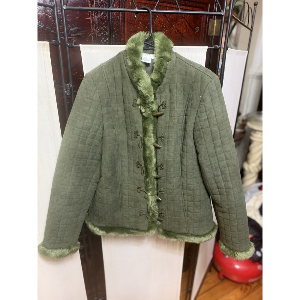 Studio VUE by Revue Womens M Olive Green Faux Fur Trim Quilted Jacket Y2